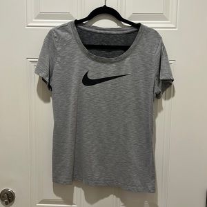 Nike Womens T Shirt L Heather Gray Black Swoosh Dri Fit Scoop Neck Short Sleeve